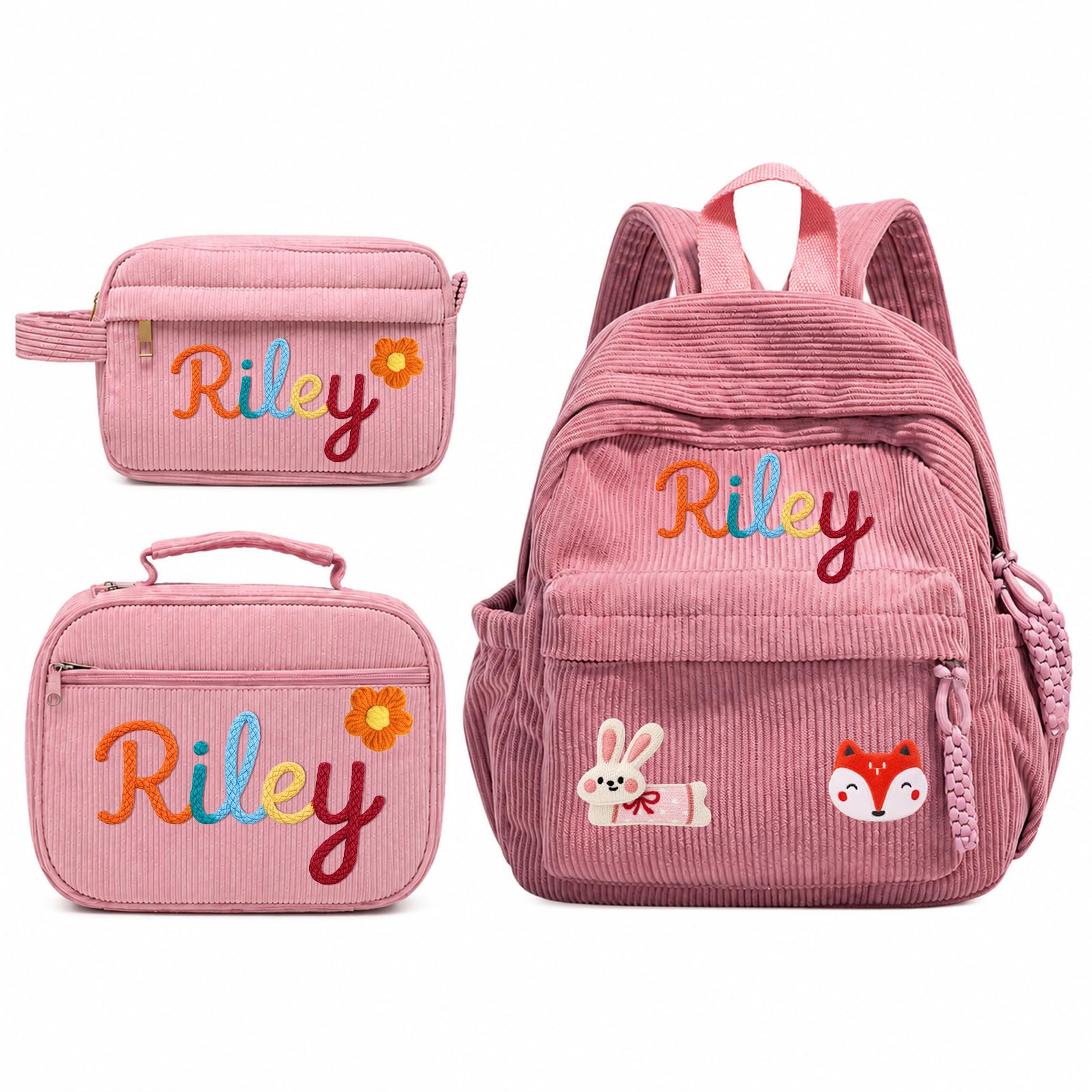 Personalized Kids Backpack, Custom Corduroy Backpack with Cotton Rope Name | Toddler Backpack for Girls Boys, Daycare Preschool Kindergarten Bag, Optional Lunch Bag & Pencil Case, Back to School Gift