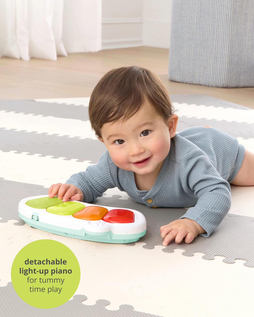 Skip Hop 2-in-1 Baby Activity Center with 20+ Developmental Activities Light-up Musical Piano for Tummy Time Play 4 Clip-on & Moveable Toys and 360-degree Rotating Seat Seascape Age 4m+
