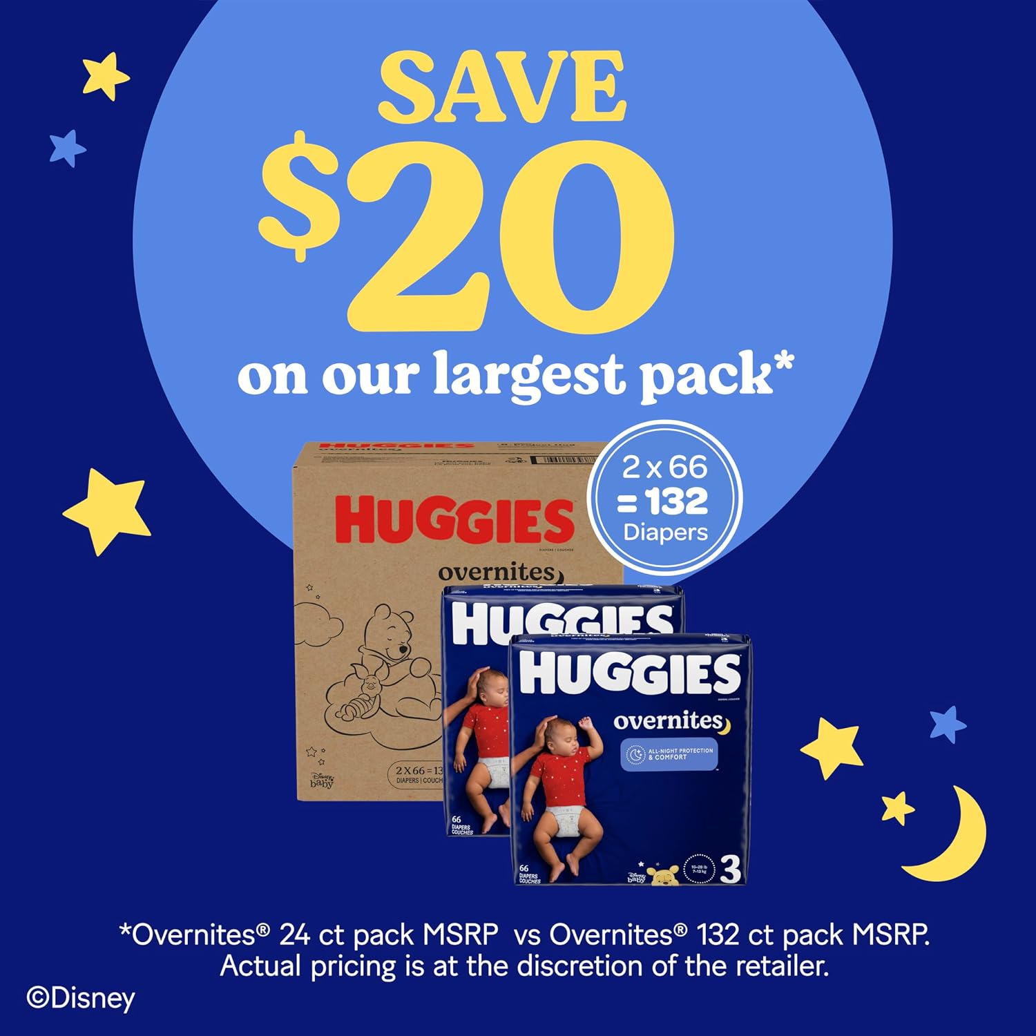 Huggies Overnites Diapers Size 3, 132 Count (2 Packs of 66)
