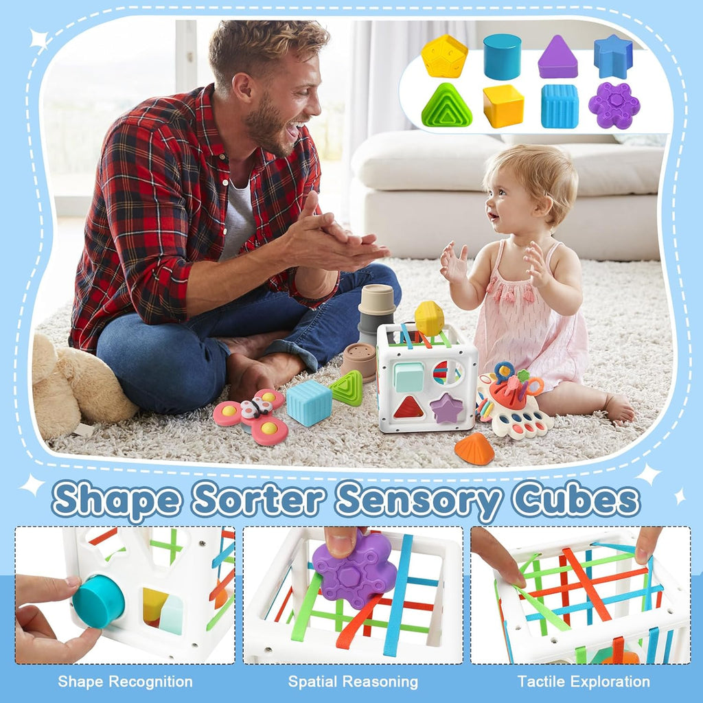 6 in 1 Montessori Baby Toys for 6-12 Months — Pull String Toy, Sensory Bin, Stacking Cups, Tissue Box, Suction Cup Spinner, Stacking Blocks, Infant Gift Set for 1-3 Year Old Boy Girls