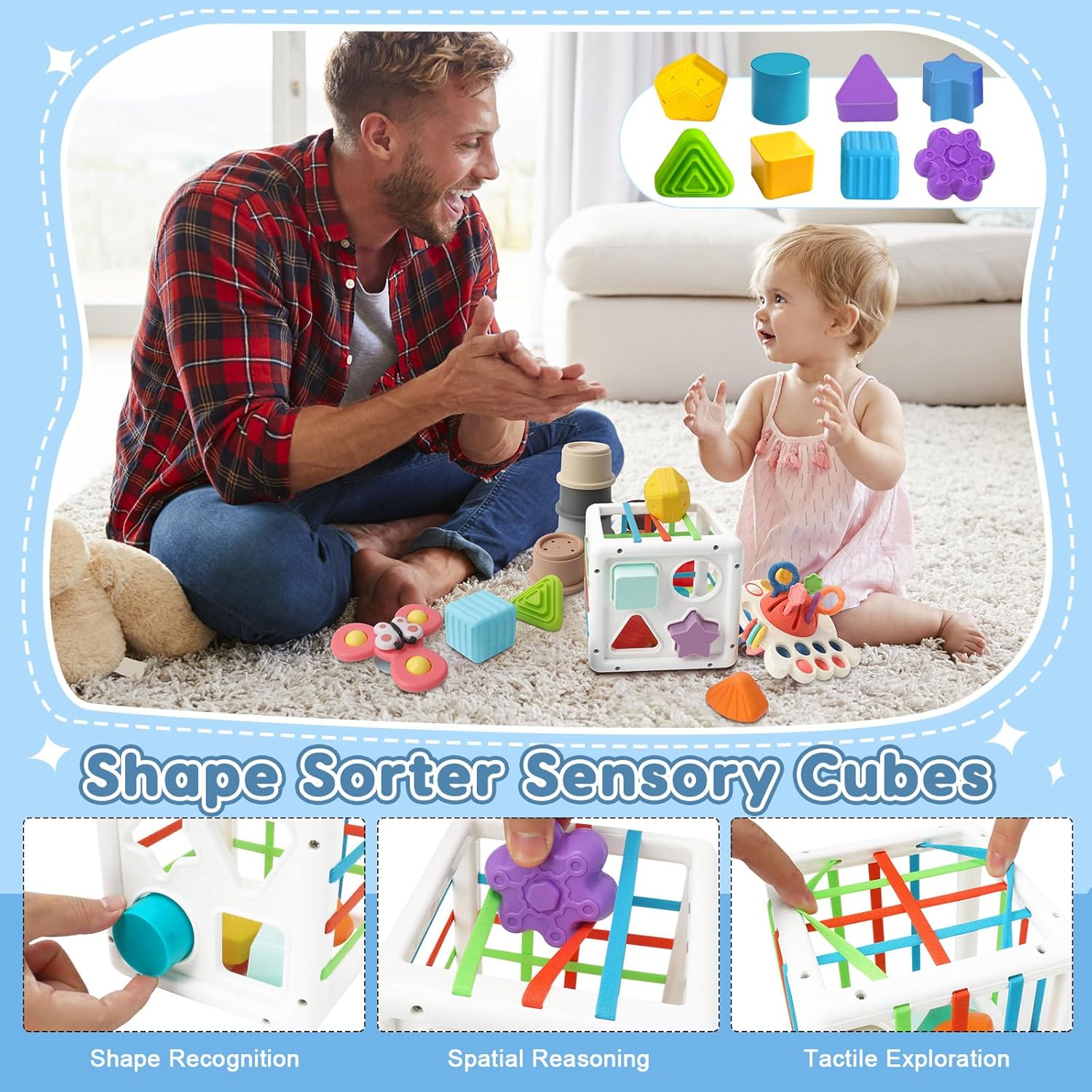 6 in 1 Montessori Baby Toys for 6-12 Months — Pull String Toy, Sensory Bin, Stacking Cups, Tissue Box, Suction Cup Spinner, Stacking Blocks, Infant Gift Set for 1-3 Year Old Boy Girls