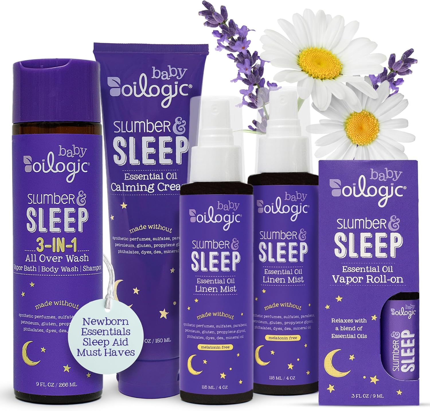 Oilogic Slumber & Sleep Bath Baby Essentials Gift Set - Baby Care Products | Gentle All Over Wash, Calming Cream, Sleep Spray & Roll-On Essential Oils - Pediatrician-Tested for Baby Sleep & Comfort