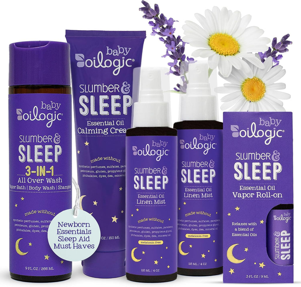 Oilogic Slumber & Sleep Bath Baby Essentials Gift Set - Baby Care Products | Gentle All Over Wash, Calming Cream, Sleep Spray & Roll-On Essential Oils - Pediatrician-Tested for Baby Sleep & Comfort
