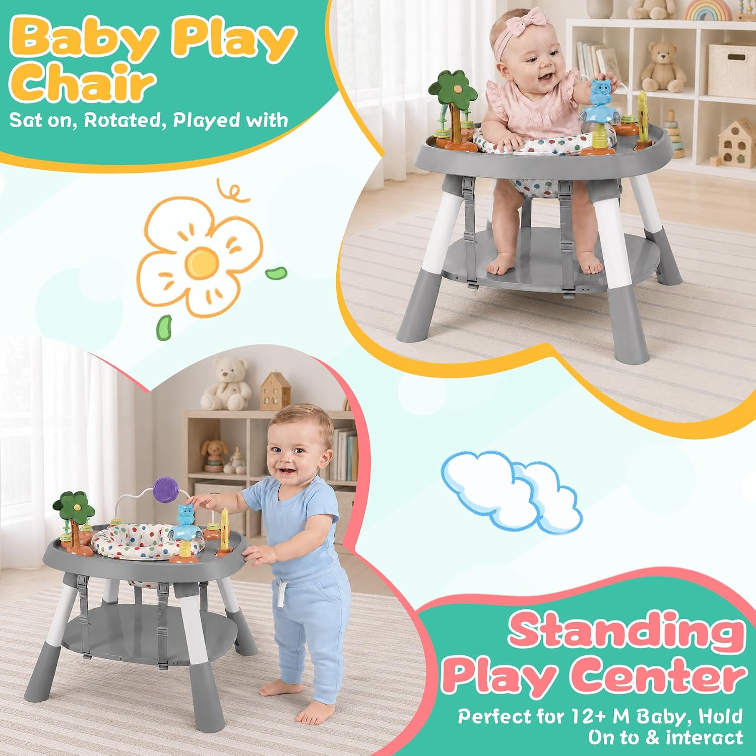 6-in-1 Baby Activity Center Stationary Standing Activity Table Light White | Grows 6-12-36M! 4-Stage Montessori Secure-Snap Toys & Hidden Storage. Enjoy 20-min Coffee Time While Toddler Plays Safely.