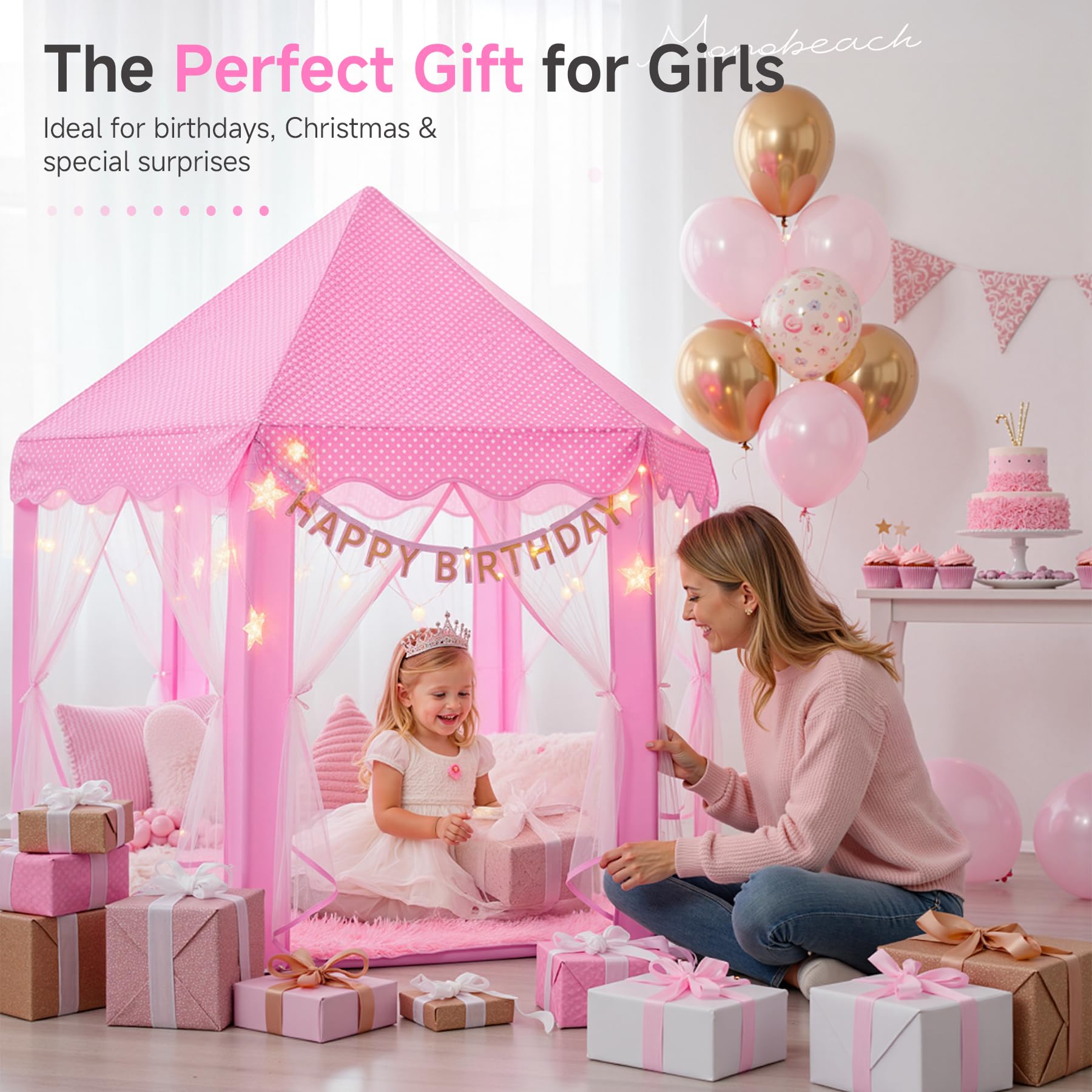 Princess Tent Girls Large Playhouse Kids Castle Play Tent with Star Lights Toy for Children Indoor and Outdoor Games, 55'' x 53'' (DxH)