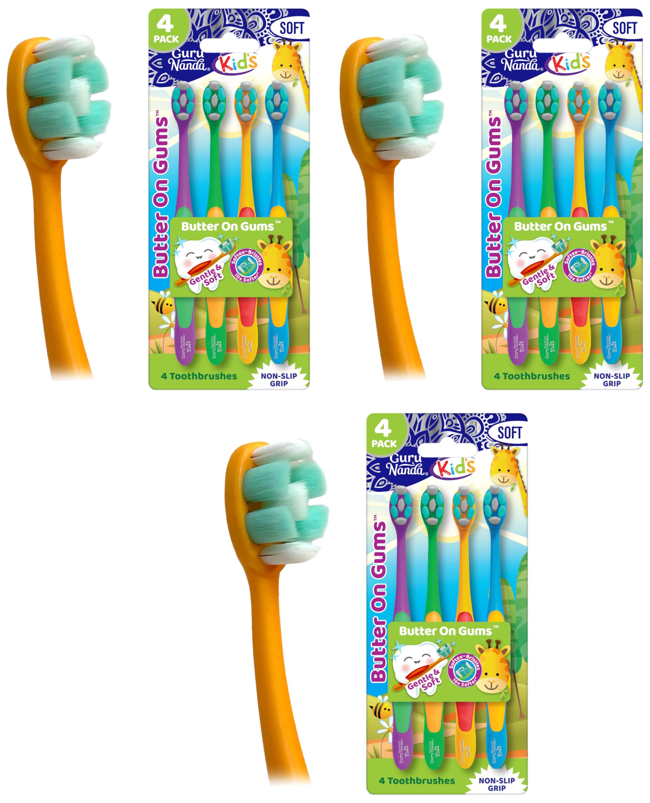 GuruNanda Kids Toothbrush with Suction Cup & Fun Animal Designs - Soft Bristles for Healthy Gums- Non-Slippery & Mess-Free Toothbrush, 3+ Age- 4 Count
