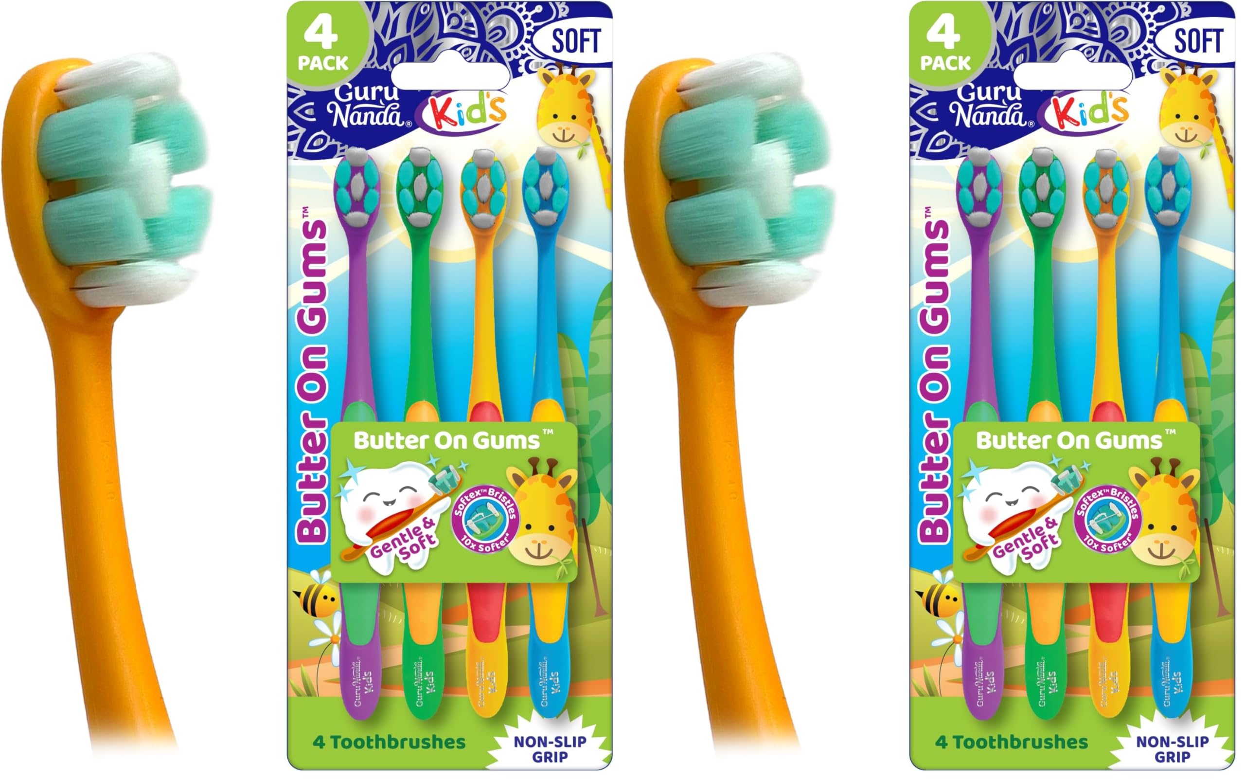 GuruNanda Kids Toothbrush with Suction Cup & Fun Animal Designs - Soft Bristles for Healthy Gums- Non-Slippery & Mess-Free Toothbrush, 3+ Age- 4 Count