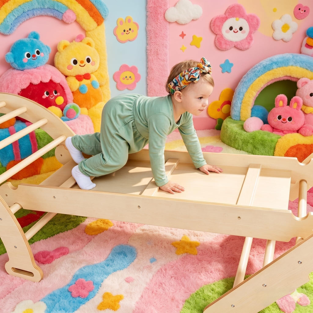 Pikler Triangle Set Montessori: Solid Wood Indoor Climbing Gym with Climbing Ramp Arch Slide for Toddlers Kids Home Playground 1-6 Years