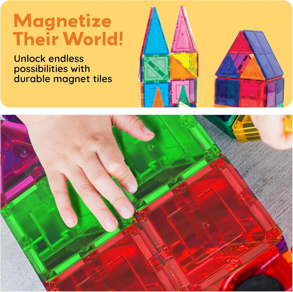 PicassoTiles 100 Piece Magnetic Tiles, Clear 3D Building Blocks for Kids 3+ | No-limit scalable builds, hands-on magnet polarity fun, family group play, quick assemble & store, shape & color recognition