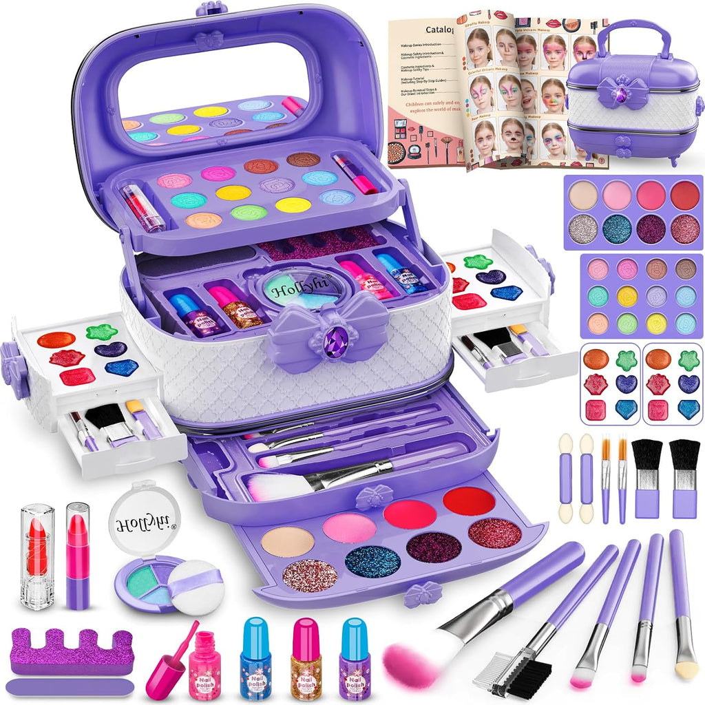 Hollyhi 58 Pcs Kids Makeup Toys Kit for Girls, Real Washable Make Up Set