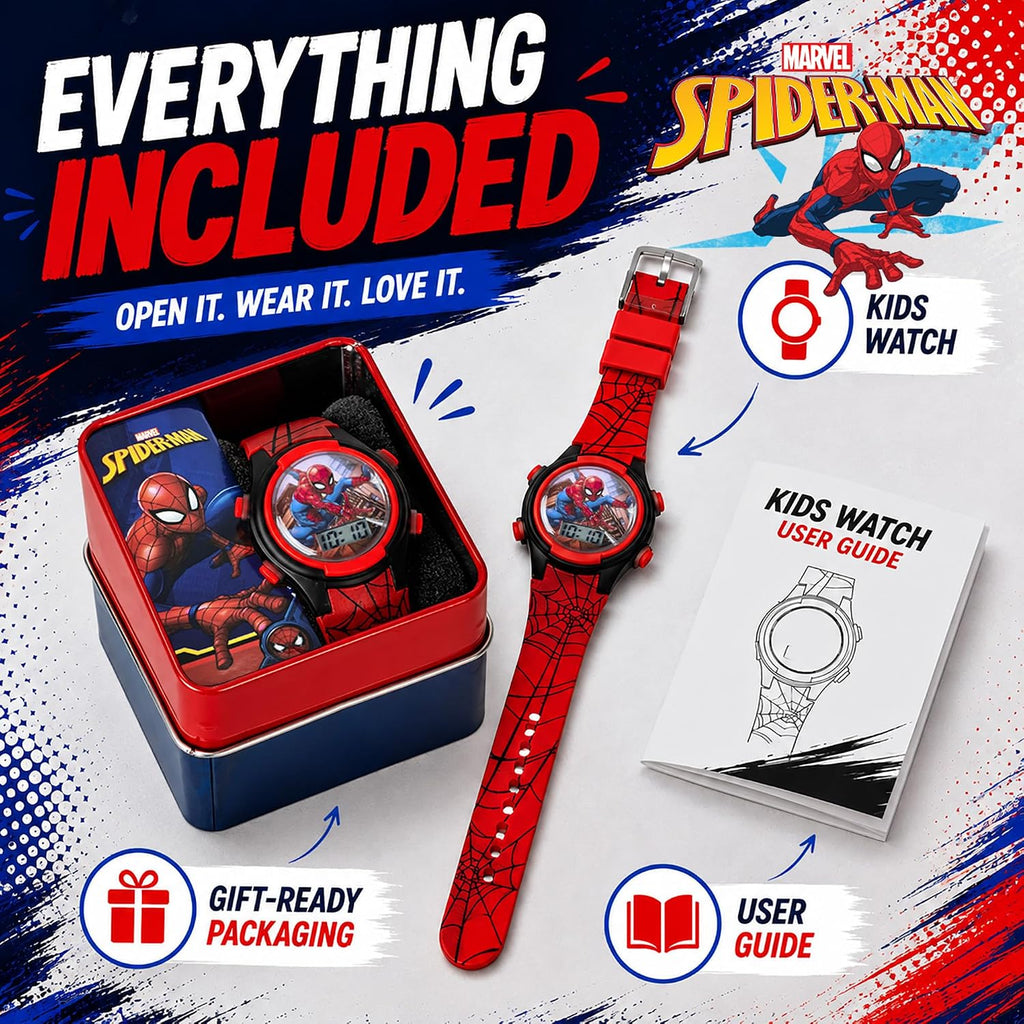 Marvel Spider-Man Kids Watches – Digital Display, Interactive Features, Adjustable Strap, Vibrant Spider-Man Graphics, Durable for Active Kids