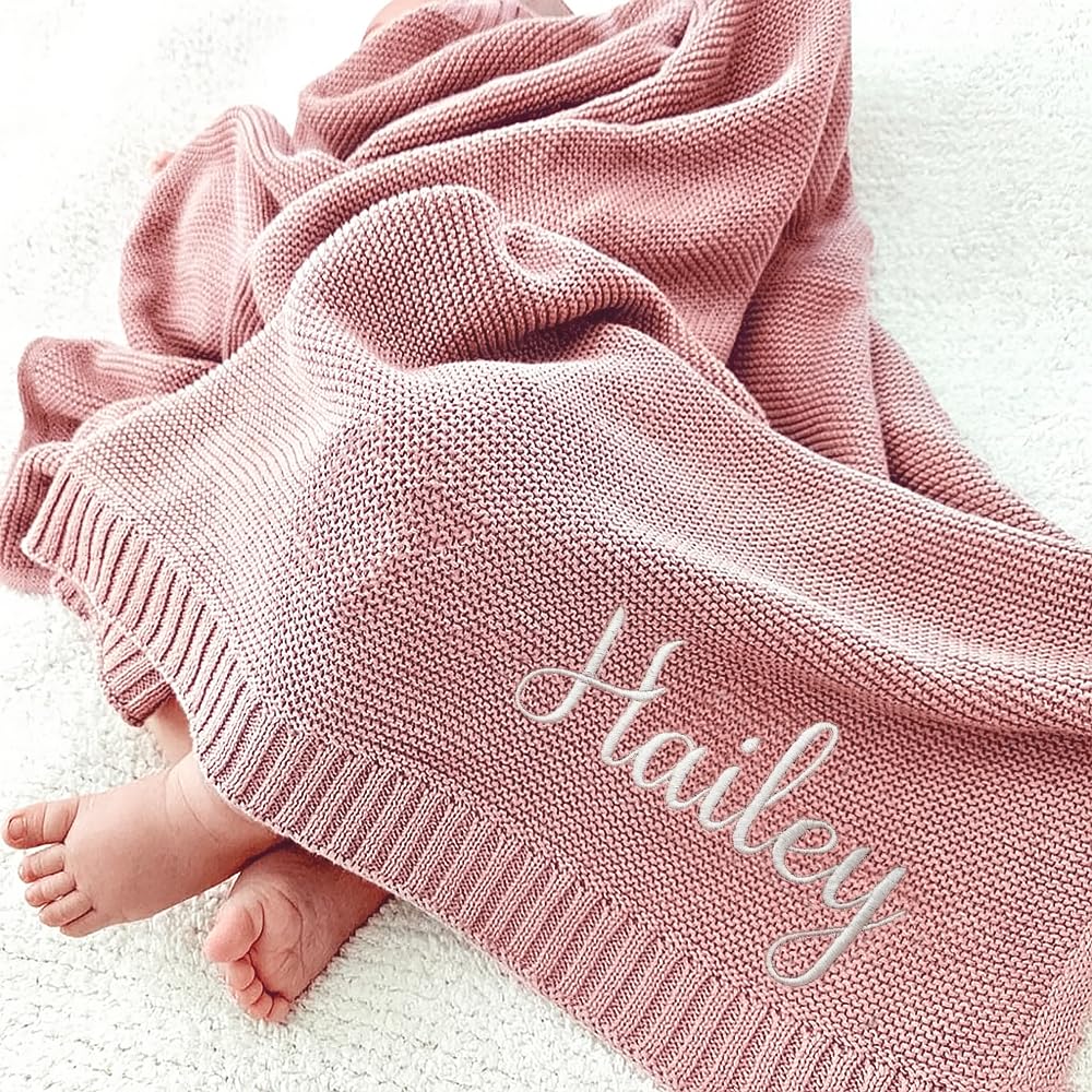 Luxury Personalized Name Baby Blanket, Hand-Embroidered Name Baby Blanket, Soft Breathable Cotton Knit Kids Blankets, Newborn Kid Gift, New Mom Gifts, Newborn Kids Girl & Boy Gift 10