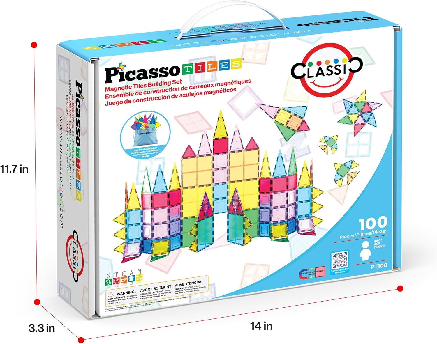 PicassoTiles 100 Piece Magnetic Tiles, Clear 3D Building Blocks for Kids 3+ | No-limit scalable builds, hands-on magnet polarity fun, family group play, quick assemble & store, shape & color recognition