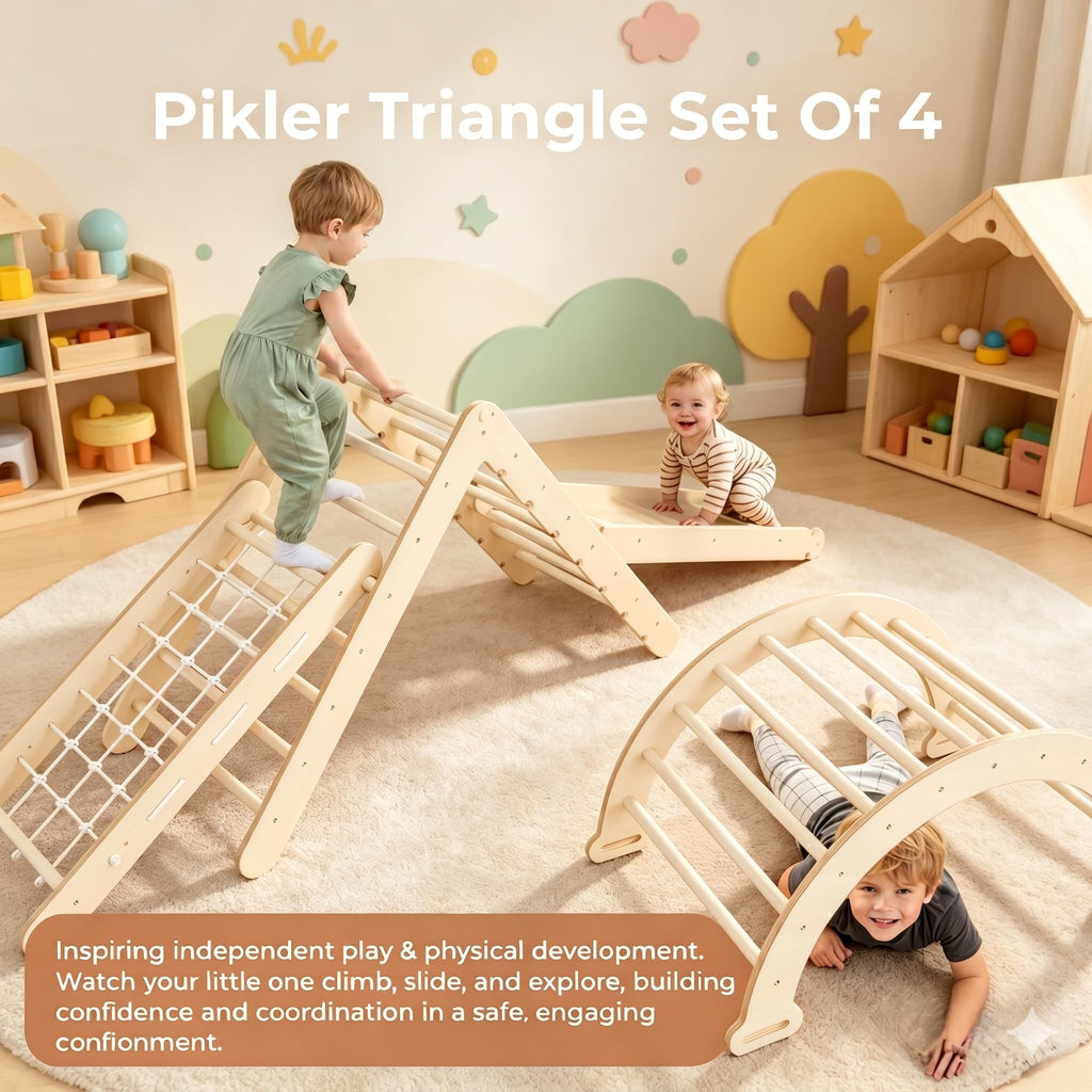 Pikler Triangle Set Montessori: Solid Wood Indoor Climbing Gym with Climbing Ramp Arch Slide for Toddlers Kids Home Playground 1-6 Years