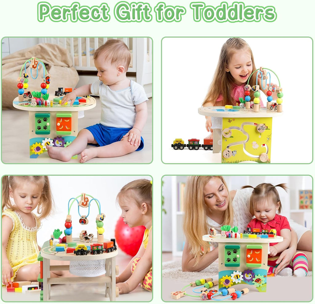 Activity Table for 1 Year Old Montessori Educational Learning Toys for 1 2 Year Old Girls Boys Toddlers Baby 12-18 Months 1st First Birthday Gifts 10 in 1 Wooden Bead Maze Sensory Center Toys