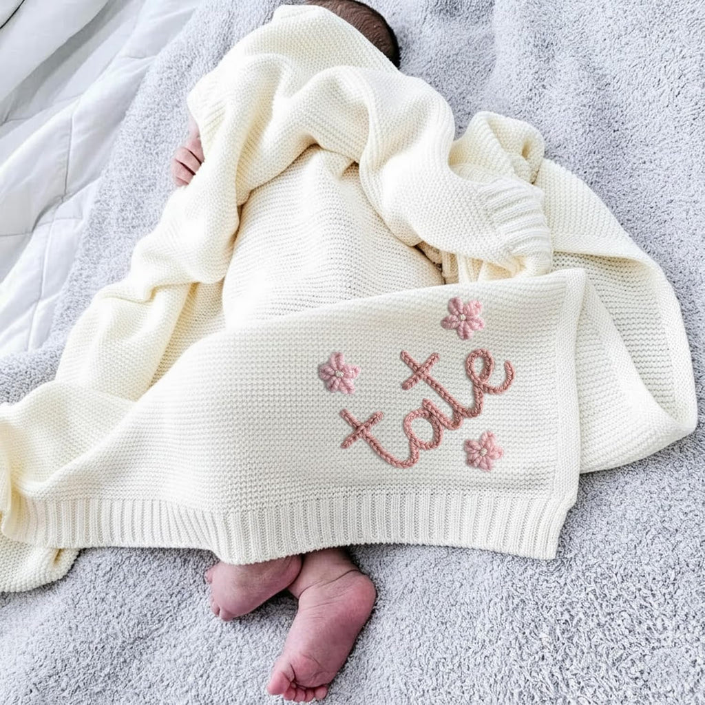 Luxury Personalized Name Baby Blanket, Hand-Embroidered Name Baby Blanket, Soft Breathable Cotton Knit Kids Blankets, Newborn Kid Gift, New Mom Gifts, Newborn Kids Girl & Boy Gift 10