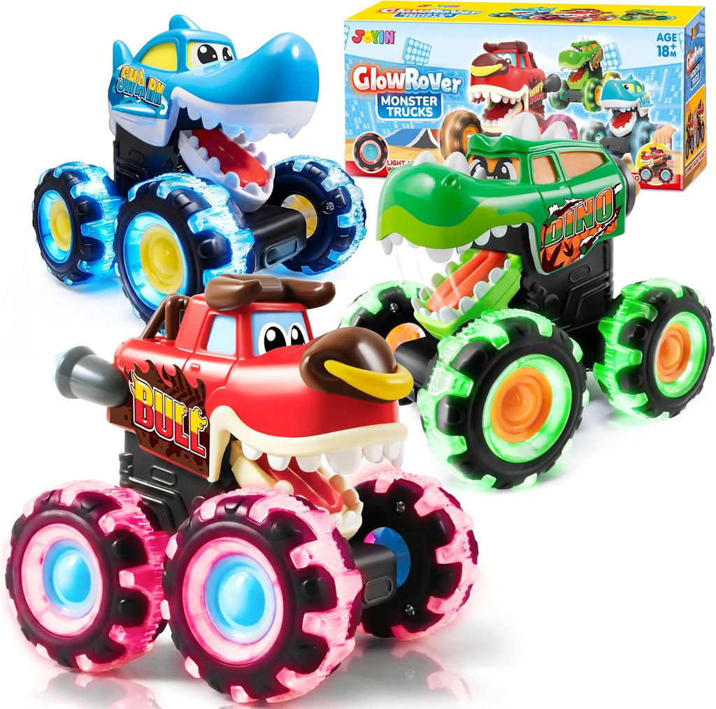 JOYIN 3 Pack Monster Truck Toy - Motion Activated Light Up Cars for Kids - Monster Glow Rover LED Wheels - Kids Boy Toys - Press and Go Dinosaur Trucks for Kids Boy Birthday Gifts