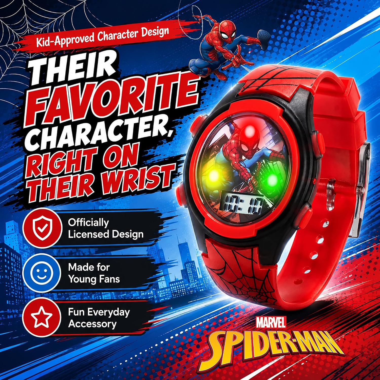 Marvel Spider-Man Kids Watches – Digital Display, Interactive Features, Adjustable Strap, Vibrant Spider-Man Graphics, Durable for Active Kids