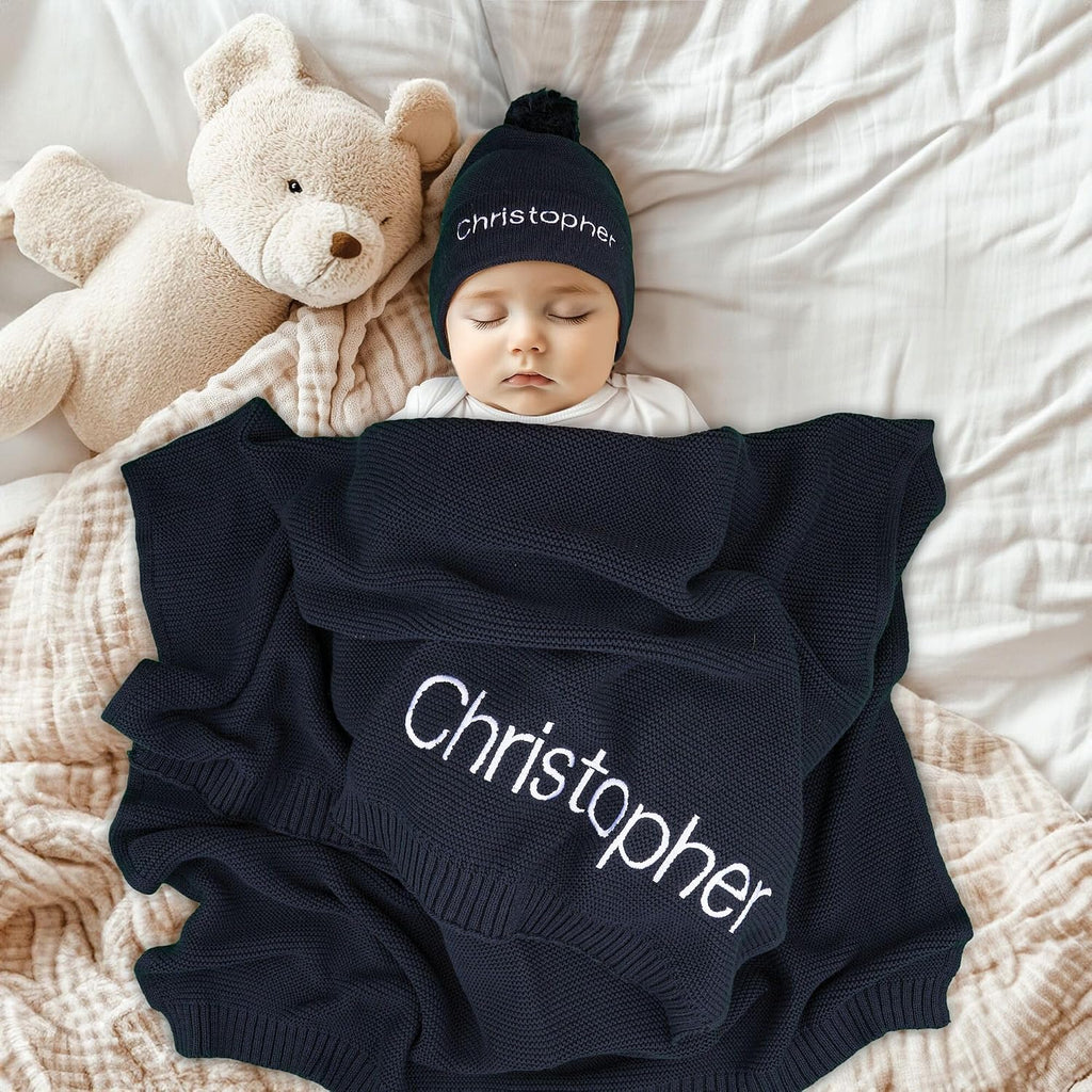 Personalized Baby Blanket with Name, GOTS Organic Custom Baby Blanket | Customized in the USA, 30 x 40 in Soft Lightweight Cotton Knit Receiving Blanket Newborn Baby Gift for Boy and Girl
