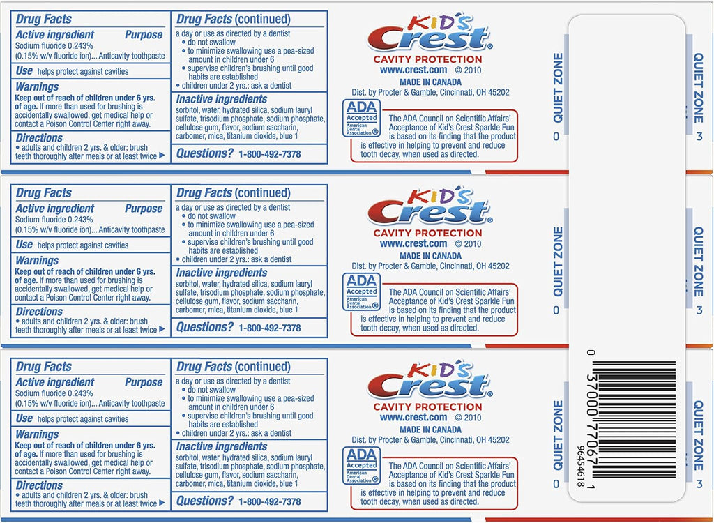 Crest Kid's Cavity Protection Toothpaste, Crest Kids Toothpaste, For Children And Toddlers 2+, Sparkle Fun, 4.6 Oz (Pack of 3), Toothpaste For Kids, Packaging may vary