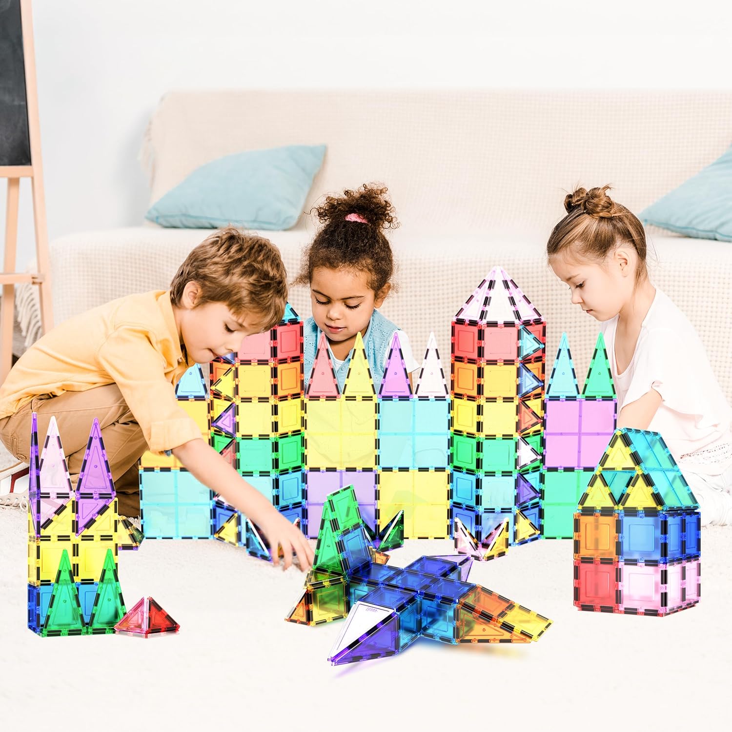 PicassoTiles 100 Piece Magnetic Tiles, Clear 3D Building Blocks for Kids 3+ | No-limit scalable builds, hands-on magnet polarity fun, family group play, quick assemble & store, shape & color recognition
