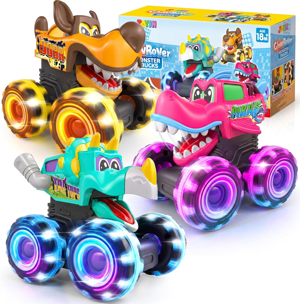 JOYIN 3 Pack Monster Truck Toy - Motion Activated Light Up Cars for Kids - Monster Glow Rover LED Wheels - Kids Boy Toys - Press and Go Dinosaur Trucks for Kids Boy Birthday Gifts