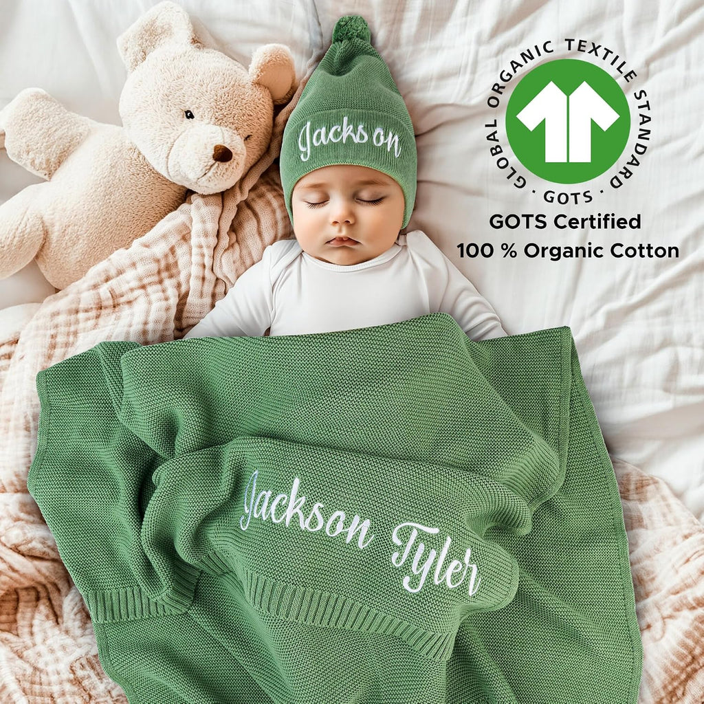 Personalized Baby Blanket with Name, GOTS Organic Custom Baby Blanket | Customized in the USA, 30 x 40 in Soft Lightweight Cotton Knit Receiving Blanket Newborn Baby Gift for Boy and Girl