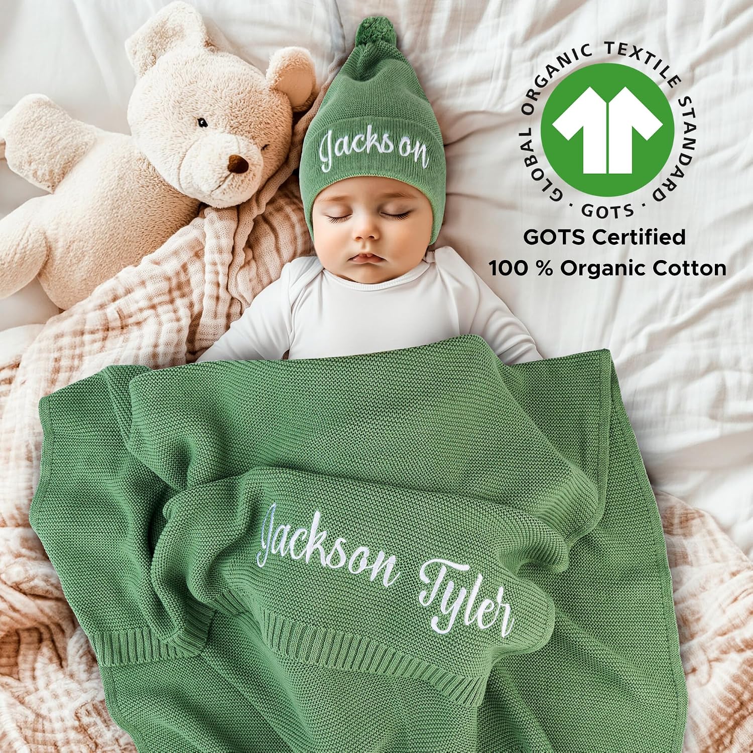 Personalized Baby Blanket with Name, GOTS Organic Custom Baby Blanket | Customized in the USA, 30 x 40 in Soft Lightweight Cotton Knit Receiving Blanket Newborn Baby Gift for Boy and Girl
