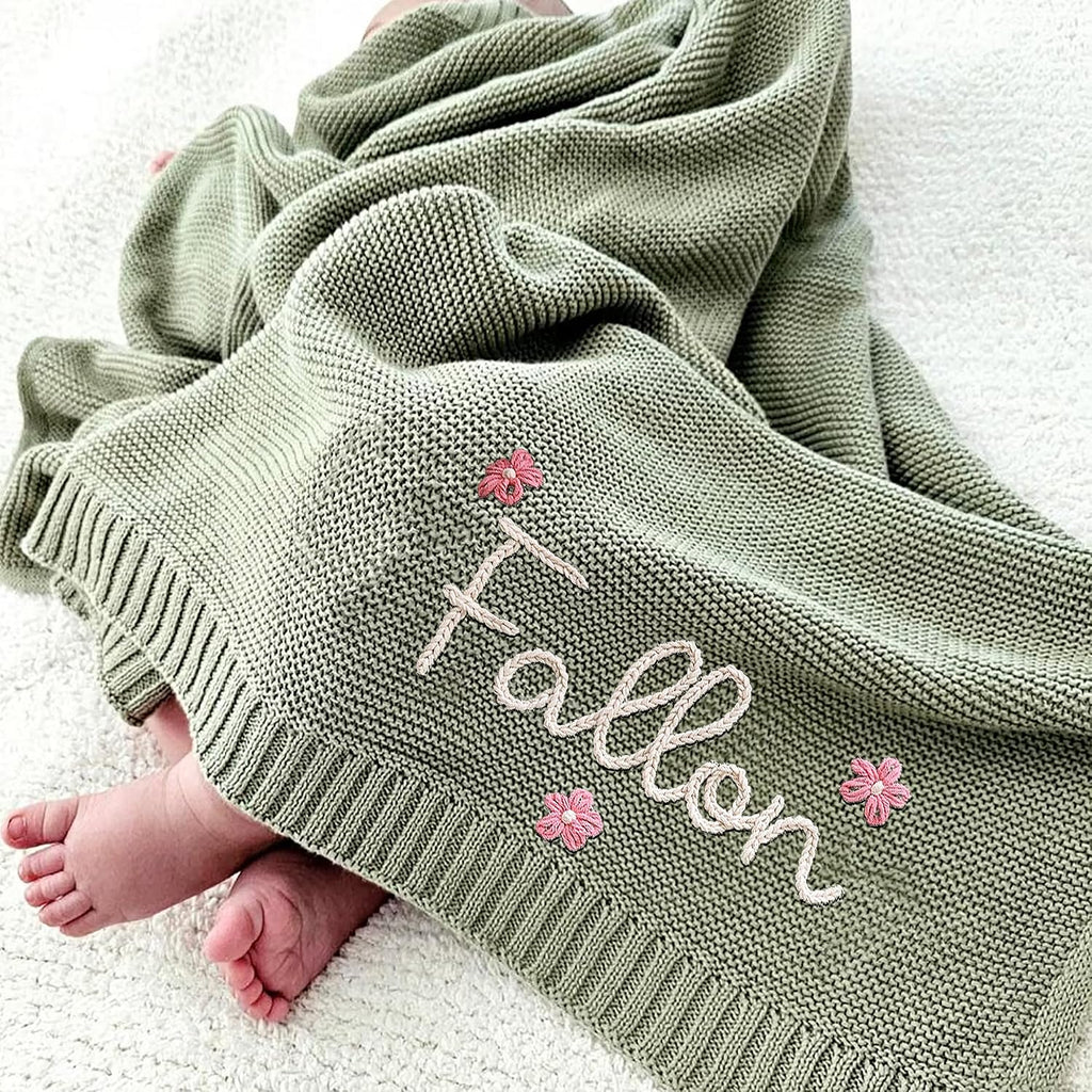 Luxury Personalized Name Baby Blanket, Hand-Embroidered Name Baby Blanket, Soft Breathable Cotton Knit Kids Blankets, Newborn Kid Gift, New Mom Gifts, Newborn Kids Girl & Boy Gift 10