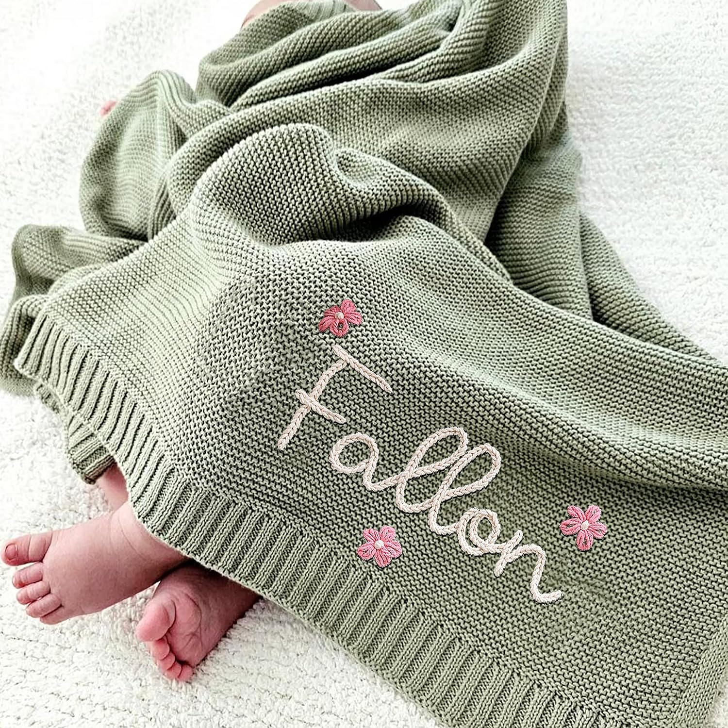 Luxury Personalized Name Baby Blanket, Hand-Embroidered Name Baby Blanket, Soft Breathable Cotton Knit Kids Blankets, Newborn Kid Gift, New Mom Gifts, Newborn Kids Girl & Boy Gift 10